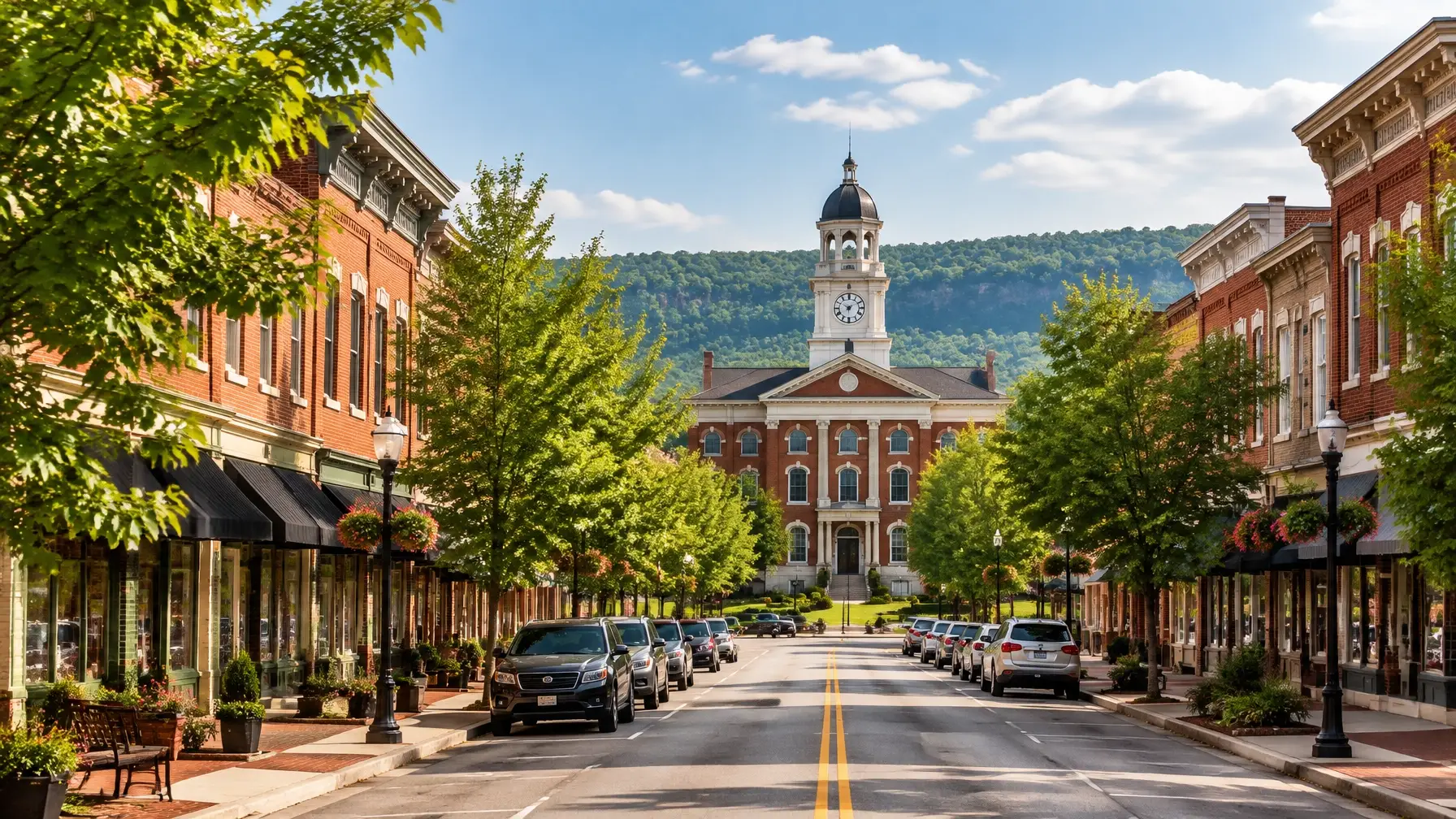 Original illustrative background of a Tennessee small-town square with brick shops and a clock tower