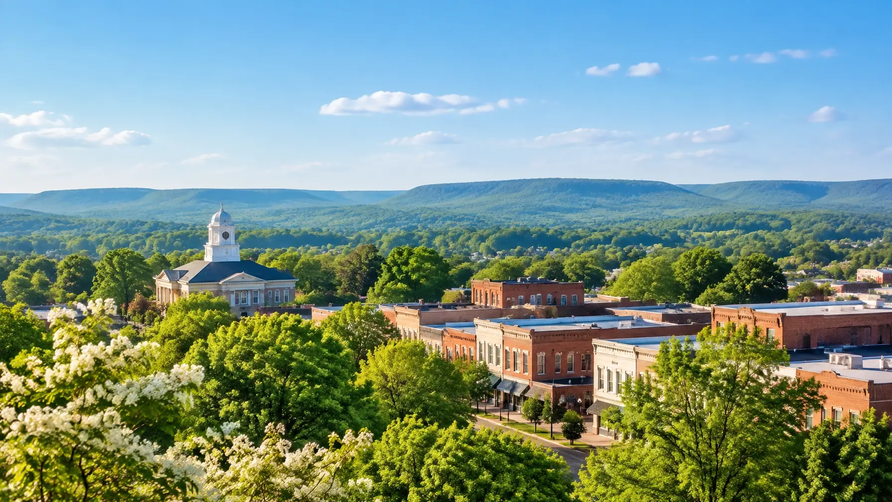 Original Cookeville-region-inspired town and Cumberland Plateau landscape